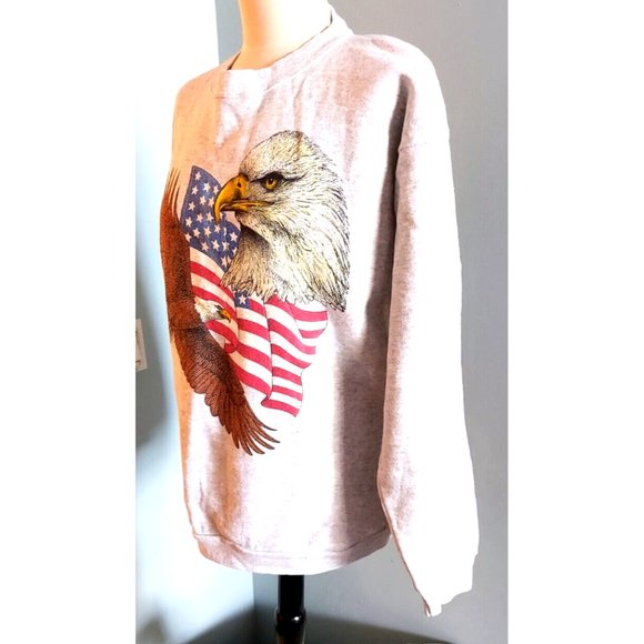 Vintage Bald Eagle American Flag Crewneck Sweatshirt Large Gray Cotton Grove - Picture 3 of 7